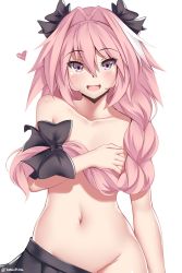  1boy :d astolfo_(fate) black_bow black_skirt bow clothes_pull commentary_request covering_privates covering_chest fang fate/apocrypha fate_(series) groin hair_between_eyes hair_bow hair_ribbon heart highres kanachirou long_hair looking_at_viewer male_focus multicolored_hair navel no_panties open_mouth pink_hair pleated_skirt pulled_by_self purple_eyes ribbon skin_fang skirt skirt_pull smile solo streaked_hair topless_male trap tress_ribbon twitter_username upper_body  rating:Questionable score:101 user:danbooru