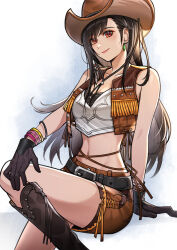  1girl arm_support bangle bare_shoulders belt belt_buckle black_hair boots bracelet breasts brown_footwear brown_gloves brown_hat brown_skirt brown_vest buckle closed_mouth collarbone commentary cowboy_boots cowboy_hat crisis_core_final_fantasy_vii crop_top earrings english_commentary feet_out_of_frame final_fantasy final_fantasy_vii final_fantasy_vii_ever_crisis final_fantasy_vii_rebirth final_fantasy_vii_remake gloves gradient_background hair_behind_ear hair_ornament hat highres jewelry knee_up light_blush long_hair looking_at_viewer lukrevadraws medium_breasts midriff miniskirt navel official_alternate_costume pink_lips red_eyes single_earring single_sidelock sitting skirt smile solo swept_bangs tank_top tifa_lockhart tifa_lockhart_(cowgirl) vest white_tank_top 