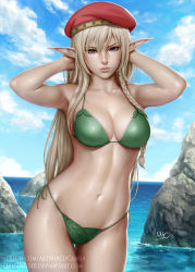 1girl alleyne_(queen&#039;s_blade) alleyne_(queen's_blade) armpits arms_behind_head bare_arms bare_shoulders beret bikini blonde_hair blue_eyes blue_sky braid breasts cleavage closed_mouth cloud commentary contrapposto cowboy_shot dated day deviantart_username elf fighting_master_alleyne green_bikini hair_between_eyes hands_up hat highres large_breasts leaf_bikini legs_together lips long_hair looking_at_viewer navel ocean outdoors patreon_username pointy_ears queen&#039;s_blade realistic red_hat revision rock sciamano240 side-tie_bikini_bottom signature sky solo standing swimsuit thigh_gap wading water watermark wet rating:Sensitive score:77 user:danbooru