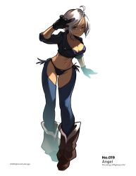 1girl angel_(kof) blue_eyes boots bra breasts cleavage deyouron gloves grey_hair highres index_finger_raised large_breasts legs midriff navel one_eye_closed short_hair smile snk strapless strapless_bra the_king_of_fighters thick_thighs thighs underwear wink 
