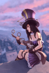  1girl bare_shoulders boots breasts brown_hair caitlyn_(league_of_legends) cleavage gloves gun hat highres league_of_legends long_hair md5_mismatch resized resolution_mismatch rifle scope sitting skirt small_breasts solo source_smaller top_hat tsuaii upscaled weapon  rating:Sensitive score:41 user:danbooru