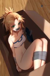  1girl absurdres arms_behind_back ass bandeau bare_shoulders bdsm blonde_hair blush bondage bottomless bound bound_legs box braid breasts collarbone commentary_request denim denim_shorts fate/apocrypha fate/grand_order fate_(series) french_braid gag gagged green_eyes hair_ornament hair_scrunchie highres improvised_gag in_box in_container jewelry unworn_jewelry long_hair looking_at_viewer medium_breasts mordred_(fate) mordred_(fate/apocrypha) mordred_(memories_at_trifas)_(fate) navel necklace unworn_necklace parted_bangs ponytail red_scrunchie restrained scrunchie shadow short_ponytail short_shorts shorts unworn_shorts solo spaghetti_strap stomach strap_slip tape tape_gag thighs wo_chi_xiangjiao_pi wooden_floor  rating:Questionable score:60 user:danbooru