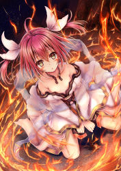 1girl :o ahoge bare_shoulders between_legs blush breasts collarbone commentary_request date_a_live dress fire hair_between_eyes hair_ribbon hand_between_legs highres itsuka_kotori kaisu looking_at_viewer open_mouth red_eyes red_hair ribbon short_hair short_twintails sitting small_breasts solo strapless strapless_dress twintails wariza white_dress white_ribbon rating:Sensitive score:11 user:danbooru