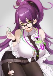  1girl akimoto8 black_necktie black_pantyhose black_shorts breasts cleavage coat ether_(nikke) glasses goddess_of_victory:_nikke green_eyes holding large_breasts long_hair looking_at_viewer looking_over_eyewear necktie off_shoulder_coat pantyhose parted_lips partially_unbuttoned ponytail purple_hair shirt shorts sitting sleeveless sleeveless_shirt solo torn_clothes torn_pantyhose white_coat white_shirt 