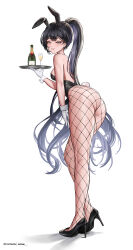  1girl absurdres alcohol animal_ears ass bare_back bare_shoulders black_hair black_leotard breasts champagne champagne_bottle champagne_flute cup drinking_glass ear_piercing facial_mark facing_away fake_animal_ears fishnet_pantyhose fishnets full_body gloves grey_eyes heart heart_facial_mark high_heels highres holding holding_tray huge_ass leotard long_hair looking_at_viewer medium_breasts mole mole_under_eye nabi_(wonnikon) original pantyhose parted_lips piercing playboy_bunny rabbit_ears sideboob simple_background smile solo strapless strapless_leotard tray very_long_hair white_background white_gloves wonnikon wrist_cuffs 