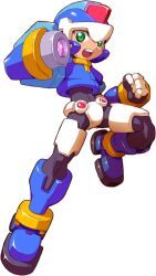  1boy absurdres archived_source arm_cannon armor black_bodysuit blue_armor blue_footwear blue_helmet bodysuit boots clenched_hand crotch_plate energy_gun forehead_jewel green_eyes helmet highres makoto_yabe mega_man_(series) mega_man_zx model_x_(mega_man) official_art open_mouth power_armor powering_up simple_background solo teeth upper_teeth_only vent_(mega_man) weapon white_background 