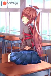 1girl absurdres artist_name bdsm blue_skirt bondage bound bow brown_hair chair classroom day desk doki_doki_literature_club green_eyes hair_intakes high_ponytail highres indoors long_hair long_sleeves monika_(doki_doki_literature_club) on_desk open_mouth pleated_skirt red_rope rope saito_ryou scared school_chair school_desk shibari shiny_clothes skirt solo watermark web_address white_bow 