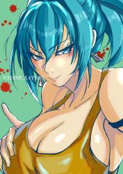  1girl artist_name blood blue_hair breast_hold breasts cleavage grabbing_own_breast hand_on_own_chest highres index_finger_raised large_breasts leona_heidern looking_at_viewer pink_lips ponytail seductive_smile sideboob smile snk solo tank_top the_king_of_fighters 