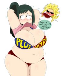 10s 1boy 1girl all_might arms_up belly black_sclera blonde_hair blood blue_eyes blush boku_no_hero_academia bra breasts cleavage clothes_lift colored_sclera embarrassed eyebrows green_eyes green_hair heart high_ponytail highres huge_breasts jinu_(jinusenpai) large_breasts long_hair looking_at_another looking_away matching_hair/eyes mature_female midoriya_inko mouth_hold panties plump ponytail shirt shirt_lift short_hair simple_background standing stomach text_focus underwear white_background yagi_toshinori rating:Questionable score:116 user:redlight1