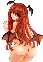 1girl ass back bat_wings from_behind head_wings jpeg_artifacts koakuma long_hair looking_at_viewer looking_back nude open_mouth red_eyes red_hair seiya_(cardigan) simple_background solo touhou white_background wings rating:Questionable score:12 user:danbooru