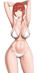  1girl alternate_costume arms_up bikini breasts chainsaw_man gluteal_fold highres large_breasts looking_at_viewer makima_(chainsaw_man) navel red_hair ringed_eyes senju_(snz0) simple_background solo swimsuit white_background white_bikini yellow_eyes  rating:Sensitive score:42 user:danbooru