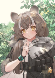 1girl :o absurdres animal animal_ears animal_on_shoulder arknights black_capelet blush brown_hair bush capelet chipmunk commentary dress fur-trimmed_hood fur_trim hand_up highres honeyberry_(arknights) hood id_card infection_monitor_(arknights) long_hair looking_to_the_side mochizuki_inochi multicolored_hair outdoors ponytail pouch sky solo squirrel streaked_hair white_dress white_hair yellow_eyes yellow_sky 