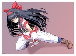  1girl ainu_clothes armpit_peek artist_name black_hair breasts fighting_stance fingerless_gloves gloves grey_eyes hair_ribbon highres legs long_hair looking_at_viewer medium_breasts nakoruru outstretched_arm pants ribbon samurai_spirits serious snk solo squatting the_king_of_fighters thighs weapon 