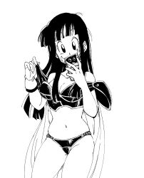  1girl armor artist_name bare_arms bikini_armor black_eyes black_hair blunt_bangs blunt_ends breasts cape cellphone chi-chi_(dragon_ball) cleavage collarbone covered_mouth cowboy_shot dragon_ball dragon_ball_(classic) dragonball_z eyelashes fenyon fingernails gloves groin groin_tendon gyuu_mao hands_up head_tilt highres holding holding_phone horns lifted_by_self long_hair looking_at_viewer medium_breasts messy_hair monochrome narrow_waist navel phone selfie shoulder_armor simple_background single_glove smartphone smartphone_case solo stomach straight_hair strap_lift taking_picture tareme thighs white_background wide-eyed  rating:Sensitive score:51 user:danbooru