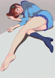 1girl bad_id bad_pixiv_id bangs barefoot blue_dress blue_footwear blue_frills boots breasts brown_hair chargeman_ken! dress eyes_closed feet flower frilled_dress frills full_body grey_background hair_flower hair_ornament hairclip high_heel_boots high_heels highres knees_together knees_together_feet_apart lying nagisa-sensei on_side open_mouth parted_lips shoes short_dress short_hair simple_background single_boot single_shoe sleeping small_breasts soles solo teacher toes washi_no_tosaka