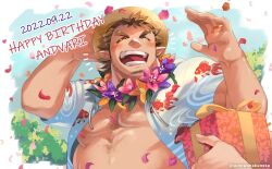  1boy andvari_(housamo) animal_print arm_hair bara bare_pectorals blush brown_hair chest_hair closed_eyes dated facial_hair falling_petals fish_print flower flower_necklace gift goatee gold_ring hat hawaiian_shirt holding holding_gift jewelry lei male_focus necklace open_clothes open_mouth outdoors pectorals petals pointy_ears ring shirt short_hair sideburns sumi_wo_hakuneko sun_hat teeth tokyo_houkago_summoners twitter_username 