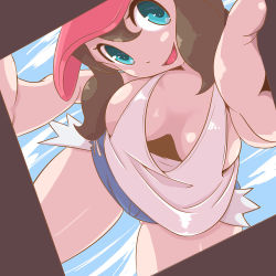  1girl blue_eyes breasts brown_hair cleavage creatures_(company) downblouse game_freak gluteal_fold hat highres hilda_(pokemon) long_hair looking_at_viewer medium_breasts microsd nintendo no_bra open_mouth pokemon pokemon_(game) pokemon_bw shorts smile solo tank_top  rating:Questionable score:39 user:Qwertyuiop999