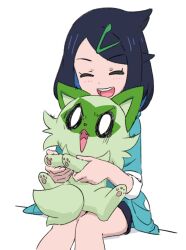  1girl :d black_hair black_shorts blush closed_eyes colored_inner_hair creatures_(company) eyelashes game_freak green_jacket hair_ornament hairclip highres holding holding_pokemon ia_(ilwmael9) jacket liko_(pokemon) multicolored_hair nintendo on_lap open_mouth pokemon pokemon_(anime) pokemon_(creature) pokemon_horizons pokemon_on_lap shorts sitting smile sprigatito teeth tongue upper_teeth_only white_background 