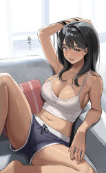  1girl arm_behind_head armpits black_hair blush breasts cleavage collarbone couch crop_top dark-skinned_female dark_skin gym_shorts highres indoors large_breasts long_hair looking_at_viewer navel on_couch original short_shorts shorts sitting solo spread_legs sweat taniguchi_daisuke_(surumenium) tank_top wet wet_clothes white_tank_top  rating:Sensitive score:100 user:danbooru