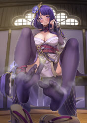  1girl absurdres blunt_bangs blurry blurry_background blush breasts bridal_gauntlets cleavage commentary_request commission feet flower foot_focus foreshortening genshin_impact hair_flower hair_ornament hand_up high_heels highres indoors japanese_clothes kimono large_breasts legs long_hair looking_at_viewer low-tied_long_hair mole mole_under_eye no_shoes obi obijime okobo parted_bangs purple_hair purple_kimono purple_thighhighs raiden_shogun sahara1127 sandals sash shoes sidelocks sitting skeb_commission smell soles solo spread_toes steaming_body tatami thighhighs thighs toes unworn_shoes very_long_hair  rating:Sensitive score:128 user:danbooru