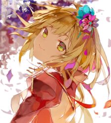  1girl allygator blonde_hair breasts dress fate/extra fate/grand_order fate_(series) flower hair_between_eyes highres looking_at_viewer nero_claudius_(fate) nero_claudius_(fate)_(all) red_dress smile solo tagme 