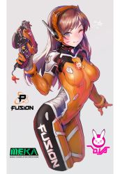  1girl ;) absurdres alternate_color alternate_costume blush bodysuit breasts brown_hair character_name charm_(object) closed_mouth clothes_writing covered_navel cowboy_shot cropped_legs d.va_(overwatch) deluxe&lt;&lt;&lt; english_text facial_hair facial_mark gloves grey_background gun headgear highres holding holding_gun holding_weapon long_hair looking_at_viewer medium_breasts one_eye_closed orange_bodysuit orange_gloves overwatch overwatch_1 pentagram red_eyes simple_background smile solo straight_hair swept_bangs v-shaped_eyebrows weapon whisker_markings  rating:Sensitive score:13 user:danbooru
