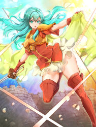  1girl aqua_hair armor blue_eyes blue_hair breastplate cape clear_glass_(mildmild1311) dutch_angle earrings eirika_(fire_emblem) fingerless_gloves fire_emblem fire_emblem:_the_sacred_stones fortress gloves highres holding holding_rapier holding_sword holding_weapon jewelry long_hair looking_at_viewer miniskirt nintendo open_mouth rapier red_gloves red_shirt shirt short_sleeves shoulder_armor skirt smile solo sword thick_thighs thighhighs thighs weapon white_skirt wind wind_lift yellow_cape zettai_ryouiki 