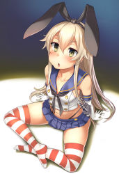  1girl alternate_eye_color anchor_hair_ornament bangs black_panties blue_skirt bosshi commentary_request crop_top elbow_gloves full_body gloves hair_between_eyes hair_ornament hairband highleg highleg_panties highres kantai_collection long_hair microskirt no_shoes open_mouth panties sailor_collar school_uniform serafuku shimakaze_(kancolle) sitting skirt solo striped striped_thighhighs symbol-shaped_pupils thighhighs thong underwear white_gloves yellow_eyes 