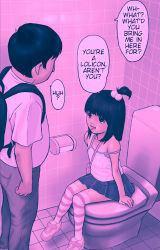  1boy 1girl age_difference bathroom black_hair blush candy dark english_text flat_chest food hard-translated hetero highres lips loli lollipop miniskirt oral original otaku redlight restroom sexually_suggestive shadow shoes sitting skirt sneakers speech_bubble striped_clothes striped_thighhighs sweat tagme talking thighhighs thighs third-party_edit toilet translated  rating:Questionable score:321 user:gozgorg