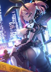  animal_ears ass ass_focus back black_thighhighs blue_eyes blurry blurry_background breasts building city cowboy_shot dress earrings eyelashes fake_animal_ears from_behind fukai_ryosuke gun hair_between_eyes holding holding_gun holding_weapon huge_ass jewelry leotard looking_at_viewer looking_back medium_breasts night open_mouth orange_hair pink_eyes rabbit_ears standing thighhighs thighs weapon white_dress  rating:Sensitive score:5 user:cci