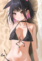  1girl absurdres animal_ears armpits bare_arms bare_shoulders beach bikini black_bikini black_hair blue_archive blush breasts cat_ears closed_mouth collarbone colored_inner_hair extra_ears hair_ornament hairclip highres kazusa_(blue_archive) large_breasts looking_at_viewer lying momocadraw multicolored_hair navel ocean on_back pink_hair red_eyes short_hair smile solo swimsuit  rating:Sensitive score:26 user:danbooru
