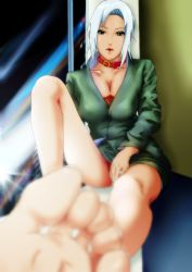  1girl bare_legs barefoot blurry breasts cleavage collar dark-skinned_female dark_skin depth_of_field dress_shirt dstyd823 feet foot_focus highres lipstick looking_at_viewer mabui_(naruto) makeup naruto_(series) naruto_shippuuden open_mouth shirt soles solo tagme toes white_hair  rating:Questionable score:60 user:e5s6w4yhyjn