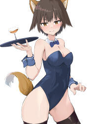  1girl 8sjqzhap4pupzkc absurdres animal_ears blush bow bowtie breasts brown_hair brown_tail cocktail cocktail_glass cowboy_shot cup drinking_glass fox_ears fox_tail highres medium_breasts miyafuji_yoshika nontraditional_playboy_bunny solo strike_witches tail thighhighs tray world_witches_series wrist_cuffs 