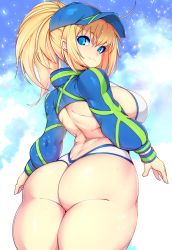 1girl absurdres artoria_pendragon_(fate) ass bad_id bad_twitter_id bikini blonde_hair blue_eyes blue_jacket breasts closed_mouth cowboy_shot cropped_jacket fate/grand_order fate_(series) highres huge_ass jacket large_breasts long_hair long_sleeves looking_at_viewer mysterious_heroine_x_(fate) mysterious_heroine_xx_(fate) shrug_(clothing) sidelocks slugbox solo swimsuit thick_thighs thighs wide_hips wristband rating:Sensitive score:117 user:danbooru