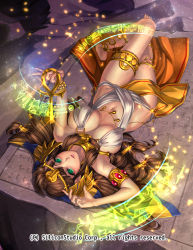 1girl ankh bare_shoulders barefoot bracelet breasts brown_hair center_opening cleavage company_name desert foreshortening full_body green_eyes gyakushuu_no_fantasica jewelry large_breasts long_hair navel official_art open_mouth ryuki@maguro-ex sand solo sparkle tiara veins veiny_breasts rating:Sensitive score:11 user:danbooru