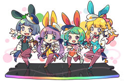  +_+ 4girls :3 :q animal_ears animal_nose arm_up bag blonde_hair blue_eyes blue_hat blue_leotard blush_stickers bow bowtie chibi circle closed_mouth clothing_cutout colored_tips commentary_request cropped_jacket detached_collar diamond_cutout double_v fake_animal_ears fang flat_chest full_body green_eyes green_hair grey_hair hair_bow hair_ribbon hat heart heart_hands high_heels hoshizaki_tia indie_virtual_youtuber jacket leaf leaf_on_head leotard long_hair looking_at_viewer mini_hat mochi_hiyoko mochipro mode_aim multicolored_hair multiple_girls navel_cutout necktie om_(nk2007) open_clothes open_jacket open_mouth outstretched_arm pantyhose peaked_cap pink_bow pink_bowtie playboy_bunny ponpoko_(vtuber) purple_eyes purple_hair purple_pantyhose purple_thighhighs rabbit_ears raccoon_girl raccoon_tail red_hair red_necktie reflective_floor ribbon saeki_yahiro short_hair short_sleeves shoulder_bag simple_background smile standing standing_on_one_leg star-shaped_pupils star_(symbol) symbol-shaped_pupils tail thighhighs tongue tongue_out twintails v virtual_youtuber whistle white_background white_hat white_jacket wrist_cuffs yellow_leotard 