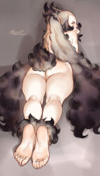  1girl aleriia_v artist_name ass black_hair blonde_hair blush brown_eyes feet from_behind hand_on_own_chin head_rest highres legs_together long_hair looking_at_viewer looking_back lying mimi_(aleriia_v) multicolored_hair nude on_stomach original pussy rabbit_tail solo tail thighs toes 