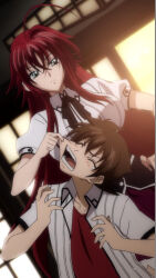 1boy 1girl annoyed breasts brown_hair closed_eyes domination green_eyes hand_on_own_hip high_school_dxd highres hyoudou_issei large_breasts legs long_hair looking_down pinching red_hair rias_gremory school_uniform shirt short_hair skirt stitched tears teeth thighs third-party_edit very_long_hair