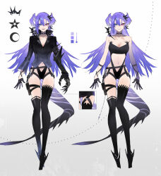  1girl alternate_costume asymmetrical_legwear belt black_gloves black_jacket black_thighhighs blue_eyes breasts choker cleavage color_guide commentary english_commentary full_body garter_straps gloves hair_ornament head_wings heterochromia highres jacket kistina large_breasts long_hair looking_at_viewer multiple_views navel nijisanji nijisanji_en purple_eyes purple_hair selen_tatsuki simple_background smile solo star_(symbol) straight-on tail thigh_gap thighhighs virtual_youtuber white_background wings 