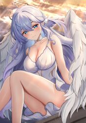  1girl absurdres alternate_costume angel_wings aqua_eyes bare_legs bare_shoulders blush breasts cleavage collar collarbone commentary commentary_request dress feet_out_of_frame hair_between_eyes halo head_wings highres honkai:_star_rail honkai_(series) large_breasts looking_at_viewer robin_(honkai:_star_rail) shouhaku0512 sitting smile solo white_collar white_dress wings 