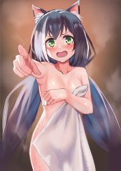 1girl after_bathing amog animal_ear_fluff animal_ears black_hair blush breasts collarbone covering_breasts covering_privates green_eyes karyl_(princess_connect!) long_hair looking_at_viewer multicolored_hair naked_towel open_mouth princess_connect! small_breasts solo steam towel twintails very_long_hair white_hair rating:Questionable score:58 user:danbooru