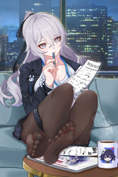  1girl absurdres black_bow black_jacket black_pantyhose black_skirt bow breasts bronya_zaychik bronya_zaychik_(outstanding_attitude)_(honkai_impact) bronya_zaychik_(silverwing:_n-ex) building chibi chibi_inset chinese_commentary cityscape cleavage coffee_mug collarbone commentary couch cup feet grey_hair hair_bow highres holding holding_paper holding_pen honkai_(series) honkai_impact_3rd indoors jacket lanyard large_breasts long_hair m78_zaitaoaotezhanshi mug no_shoes office_lady official_alternate_costume official_art_inset open_clothes open_jacket pantyhose paper pen pen_to_mouth ribbed_shirt seele_vollerei seele_vollerei_(stygian_nymph) shirt sitting skirt soles solo thigh_strap toes white_shirt window 