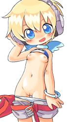  00s 1girl blonde_hair blue_eyes blush bracelet breasts cleft_of_venus clothes_lift groin hand_on_headphones head_tilt headphones jewelry loli nipples open_mouth oyatsu_(mk2) panties panty_pull pinky_street pussy shirt_lift short_hair simple_background small_breasts smile solo uncensored underwear white_background  rating:Explicit score:69 user:danbooru