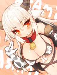 1girl :d animal_print arm_belt bare_shoulders bell blonde_hair borrowed_character breasts cleavage collar covered_erect_nipples cow_girl cow_horns cow_print dutch_angle elbow_gloves gloves grin horns large_breasts long_hair looking_at_viewer mofuaki navel neck_bell open_mouth orange_eyes original red_eyes smile solo v-shaped_eyebrows white_hair rating:Sensitive score:14 user:danbooru