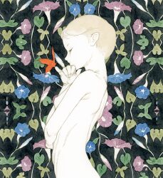  1girl blonde_hair breasts bug butterfly colored_skin floral_background flower half-closed_eyes insect kishi_takuya leaf looking_at_viewer morning_glory nipples nude original painting_(medium) petite profile short_hair skinny small_breasts traditional_media upper_body watercolor_(medium) white_skin 