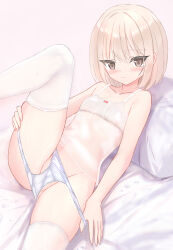  1girl absurdres bed blonde_hair blush bow bow_bra bow_panties bra brown_eyes collarbone flat_chest grey_panties highres lingerie loli looking_at_viewer lying panties panty_pull pillow polka_dot polka_dot_panties see-through shooko short_hair tears thighhighs underwear wet wet_clothes white_bra white_thighhighs  rating:Questionable score:27 user:cpee