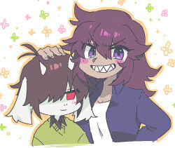 1girl 1other :3 alternate_species animal_ears antenna_hair blush brown_hair coat collared_coat collared_shirt commentary_request cropped_torso deltarune goat_ears goat_horns green_sweater grin hair_between_eyes hair_flaps hair_over_one_eye hand_on_another&#039;s_head horns komugiko_(bitte_komu) kris_(deltarune) long_sleeves looking_at_viewer medium_hair no_pupils one_eye_covered orange_outline purple_coat purple_eyes purple_hair red_eyes sharp_teeth shirt short_hair sidelocks simple_background smile species_switch susie_(deltarune) sweater teeth upper_body v-shaped_eyebrows white_background white_shirt 