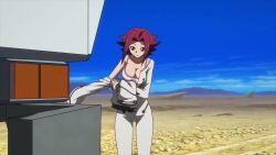 1girl animated anime_screenshot blue_eyes bodysuit bouncing_breasts breasts breasts_squeezed_together camisole cleavage code_geass code_geass:_fukkatsu_no_lelouch collarbone covered_navel dressing jacket kouzuki_kallen large_breasts long_sleeves navel outdoors pink_sports_bra red_hair short_hair sidelocks sound sports_bra subtitled tagme video white_bodysuit white_camisole white_jacket zipper zipper_pull_tab