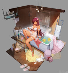 1girl absurdres anklet apron armband bare_shoulders barefoot basket bath bathroom bathtub blush breasts bridal_garter cat_hair_ornament ceiling_light character_doll claw_foot_bathtub cleavage closed_mouth clothes_hanger dark-skinned_female dark_skin diorama earrings faucet feet full_body girls&#039;_frontline hair_between_eyes hair_ornament hair_ribbon highres incredibly_absurdres indoors jewelry lampshade large_breasts light_bulb light_particles lingerie long_hair looking_at_viewer navel negligee official_alternate_costume official_alternate_hairstyle official_art pearl_hair_ornament perspective pink_apron pink_ribbon purple_hair ribbon rug saiga-12_(cleansing_waves_in_shallow_pool)_(girls&#039;_frontline) saiga-12_(girls&#039;_frontline) shelf sitting skirt_hold slippers soap_dispenser solo sparkle spill sticky_note toes toothbrush towel towel_rack trash_can underwear unworn_apron unworn_slippers very_long_hair washing_machine water weibo_logo weibo_watermark white_armband white_footwear white_negligee white_wrist_cuffs wooden_floor wooden_wall wrist_cuffs yellow_eyes yellow_ribbon yoyo_(550098) 