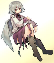  1girl angel_wings blush boots braid brown_footwear closed_mouth commentary dress feathered_wings french_braid ginnkei grey_hair grey_wings jacket kishin_sagume long_sleeves open_clothes open_jacket purple_dress short_hair single_wing solo touhou wings 